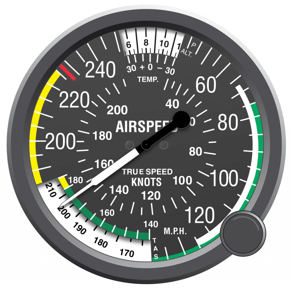 velocímetro de avião mostrando a velocidade indicada